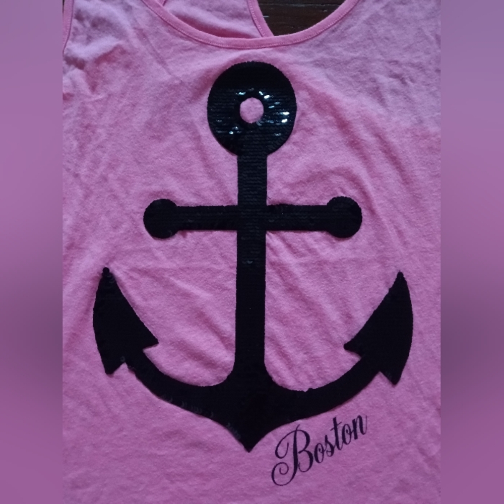 PINK VS Boston Anchor Pink & Blk Sequin Racerback Tank Top - Picture 3 of 4